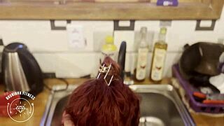 Hey, spot that hot redhead in bikini kitchen and fuck her ass now?