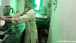 skinny indian maid bends over kitchen counter for rough blowjob deepthroat and hard pussy fuck