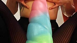 bad dragon dildo stretches hairy college pussy closeup wet ride