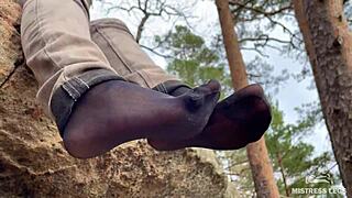 my beautiful nylon feet tease in jeans outdoors