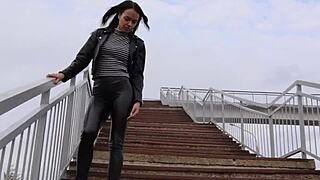 brunette in tight leather leggings high heels biker jacket