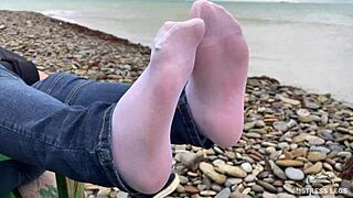 my beautiful nylon feet tease in jeans outdoors