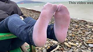 my beautiful nylon feet tease in jeans outdoors