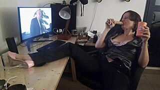 Clothed french slut in satin corset takes doggystyle pounding then pov rimjob