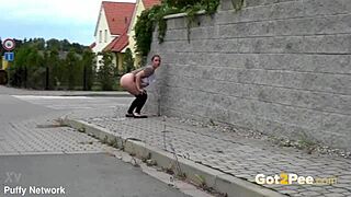 sexy blonde bubble butt pisses publicly in city. hottest outdoor voyeur show ever!