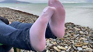 my beautiful nylon feet tease in jeans outdoors