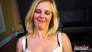 skinny tattooed blonde myaa jerks cock then takes hard doggystyle pussy pounding