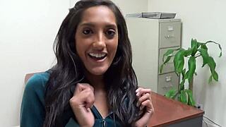 Dagfs Brunette Milf Strips at Office Desk, Dildos to Orgasm