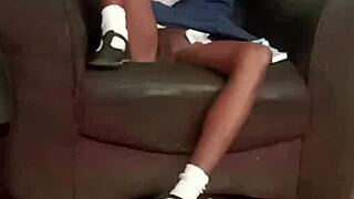 hot 18 year old skinny black teen vibrates her tight juicy pussy on chair
