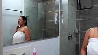 Giuliana Big invites you into steamy shower then toys her huge pussy and natural tits till soaked