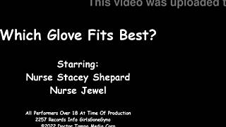 Nurse Stacy Shepard tests glove sizes on ebony patient's tits in gyno exam