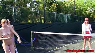 Hazing sorority babes lick wet pussies outdoors on tennis court