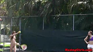 Hazing sorority babes lick wet pussies outdoors on tennis court