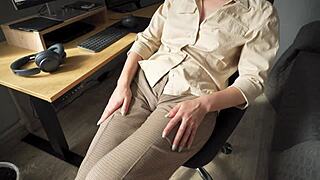 Naughty Colleague's Fat Cameltoe Tease in Tight Trousers
