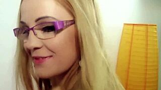 sexy blonde in glasses teases her wet pussy like a shy virgin