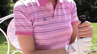skinny japanese teen risks public uncensored blowjob facial from old guy during golf lesson