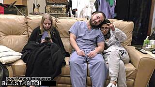 Bent over backstage, Jasmine Roses' nurse ass shakes as patient blasts cum on her thigh in domination play?
