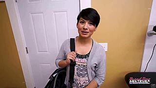 i watch petite brunette jae scott's shaved pussy get pounded doggystyle till jizz facial covers her