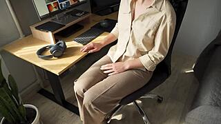 Naughty Colleague's Fat Cameltoe Tease in Tight Trousers