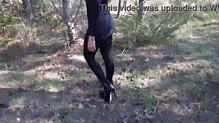 High heels pantyhose slut hikes forest for outdoor fuck?