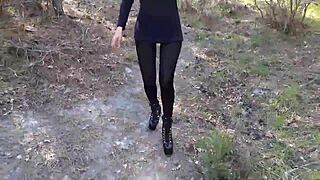 High heels pantyhose slut hikes forest for outdoor fuck?