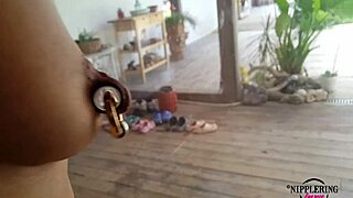 Nippleringlover Rides Bicycle Handcuffed with Pierced Pussy Lips Stretched!
