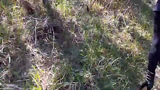 High heels pantyhose slut hikes forest for outdoor fuck?