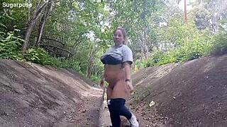 Sapphire struts outdoors pants down flashing huge curvy ass publicly