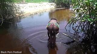 Skinny Juicy African Ebony Slut Barefoot Footjob in Forest Teases Horny Toes and Pussy Outdoors