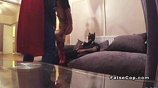 Masked Cop And Superman Double Team Babe In Office With Monster Cocks
