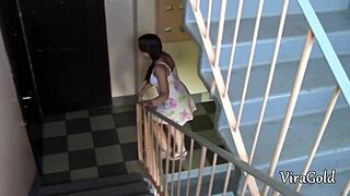 cute brunette neighbor teen sneaks in for casual deepthroat blowjob in house entrance