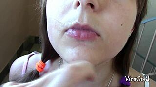 cute brunette neighbor teen sneaks in for casual deepthroat blowjob in house entrance