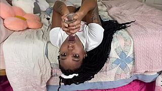 ebony babe face fucks dildo spits in bowl big ass shaking solo fetish fun