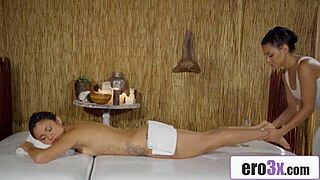 Oily Latina Lesbians Lick Pussy Scissor On Massage Table