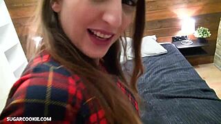 Cute brunette teen Jimena Lago kneels for boyfriend's homemade POV blowjob