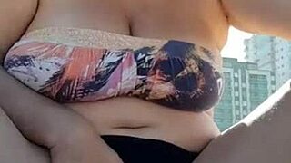 Bold Mature Blonde Squats on Beach Spreading Big Pussy Lips Wide
