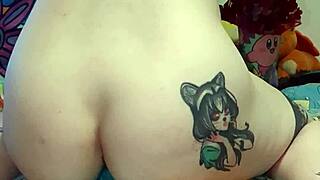 dragon toy stretches my small tits pussy wide in fursuit bed ride!!