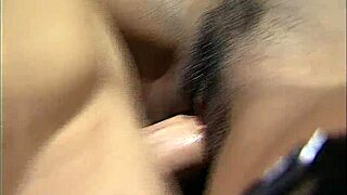 Ebony babe in retro boots rides hairy cock cowgirl before cum on tits finish
