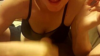 Brunette babe sucks huge uncut cock till cumshot facial