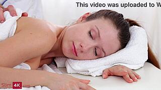 A delicious shaved teen babe rides cock post-massage creampie!