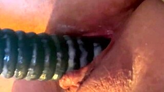 closeup view of dripping cum oozing from shaved pussy after dildo play