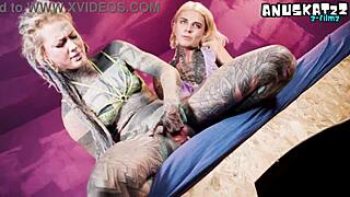 tattooed lesbian goths squirt anally on fuck machine