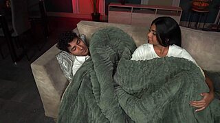 His brunette stepsister teases him while he watches tv and he ends up fucking her hard