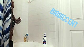 stroking his hard dick in the shower