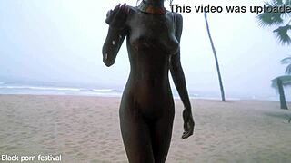 Skinny ebony village girl dancing naked in the rain
