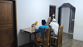 a latino and his arab friend are on a business visit to colombia the extravagant latino fucks the waitress who serves them