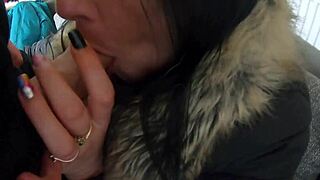 cum on my black fur downjacket during this intense blowjob session