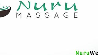 Sexy blonde busty masseuse prepare her client for a nuru massage session