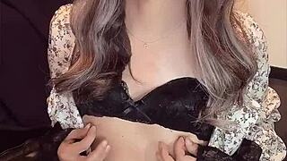 crossdressing japanese ladyboy quietly masturbates in one piece outfit