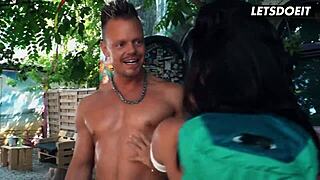 busty backpacker gets all horny with hostel staff